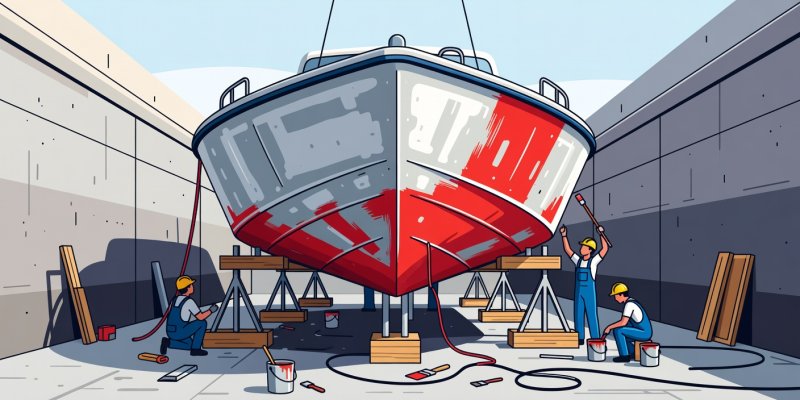 Vector illustration of a boat in drydock showing hull maintenance