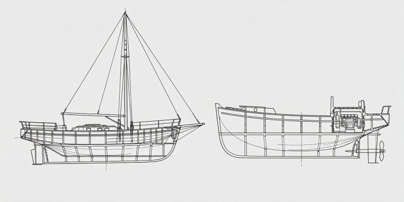 Nautical draft showing structural differences between sail and motor vessels